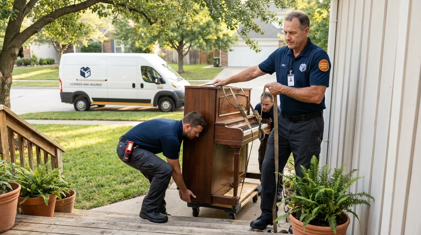 Licensed piano movers securing grand piano in Holtsville, NY