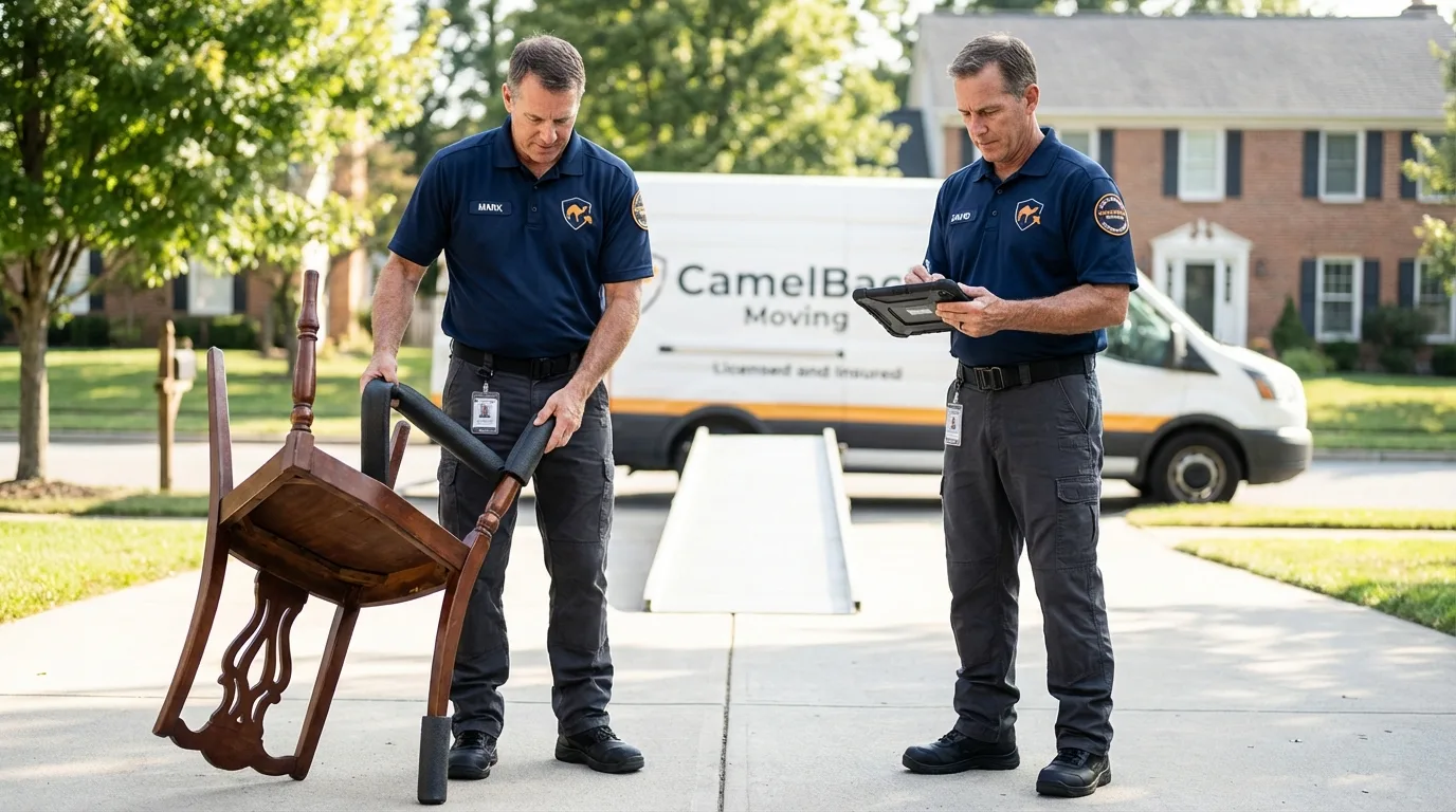 Movers inspecting furniture for damage prevention before loading in Holtsville, NY