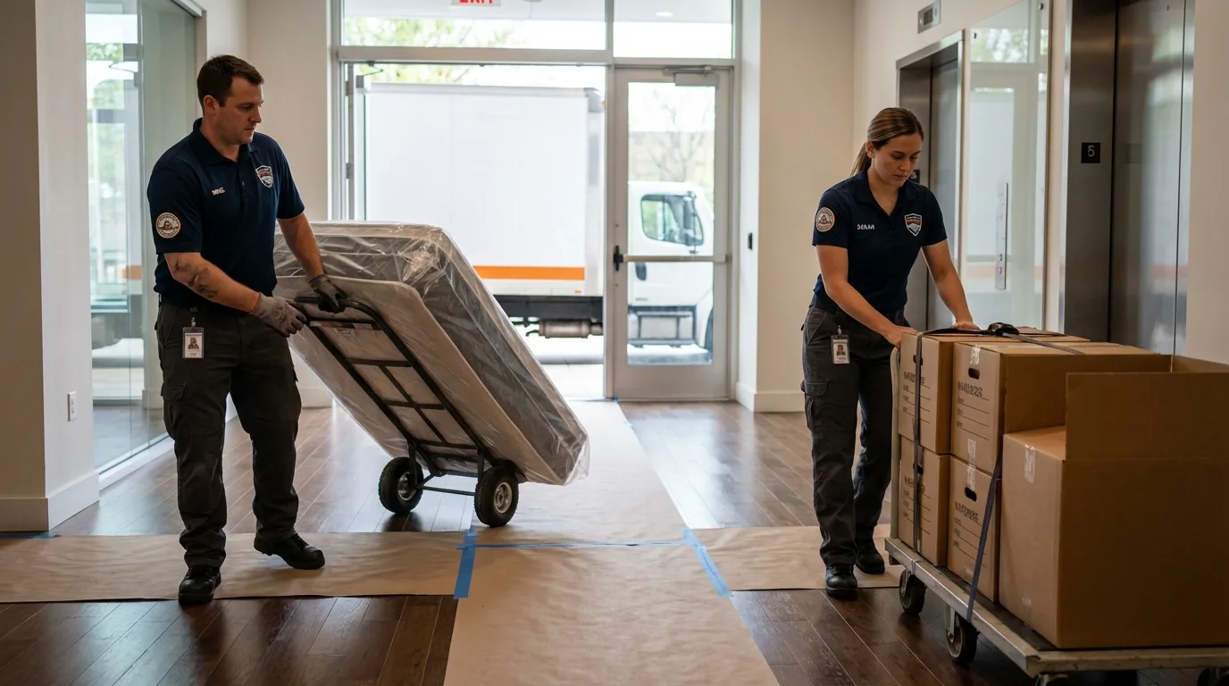 Professional apartment movers loading elevator in Holtsville, NY