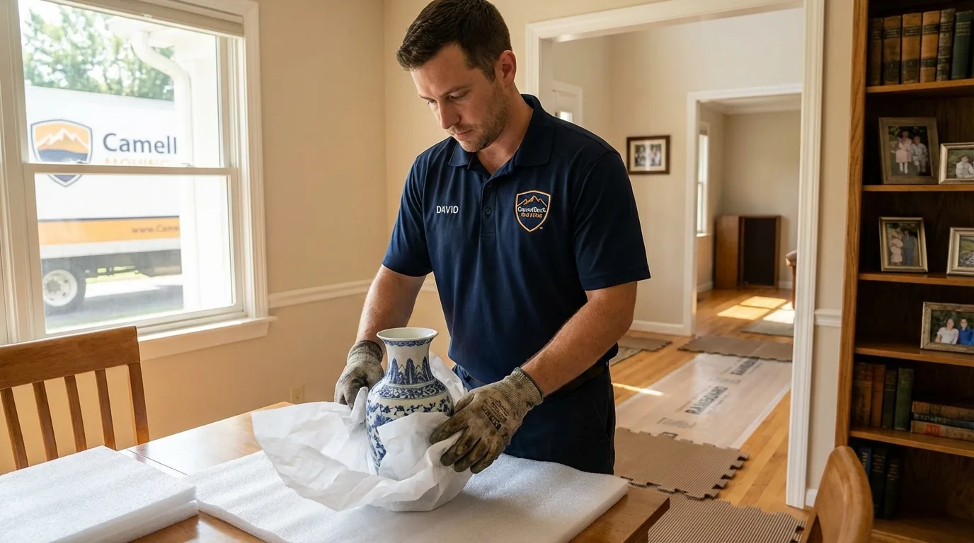 Professional crew carefully wrapping antique vase for senior downsizing move in Holtsville, NY