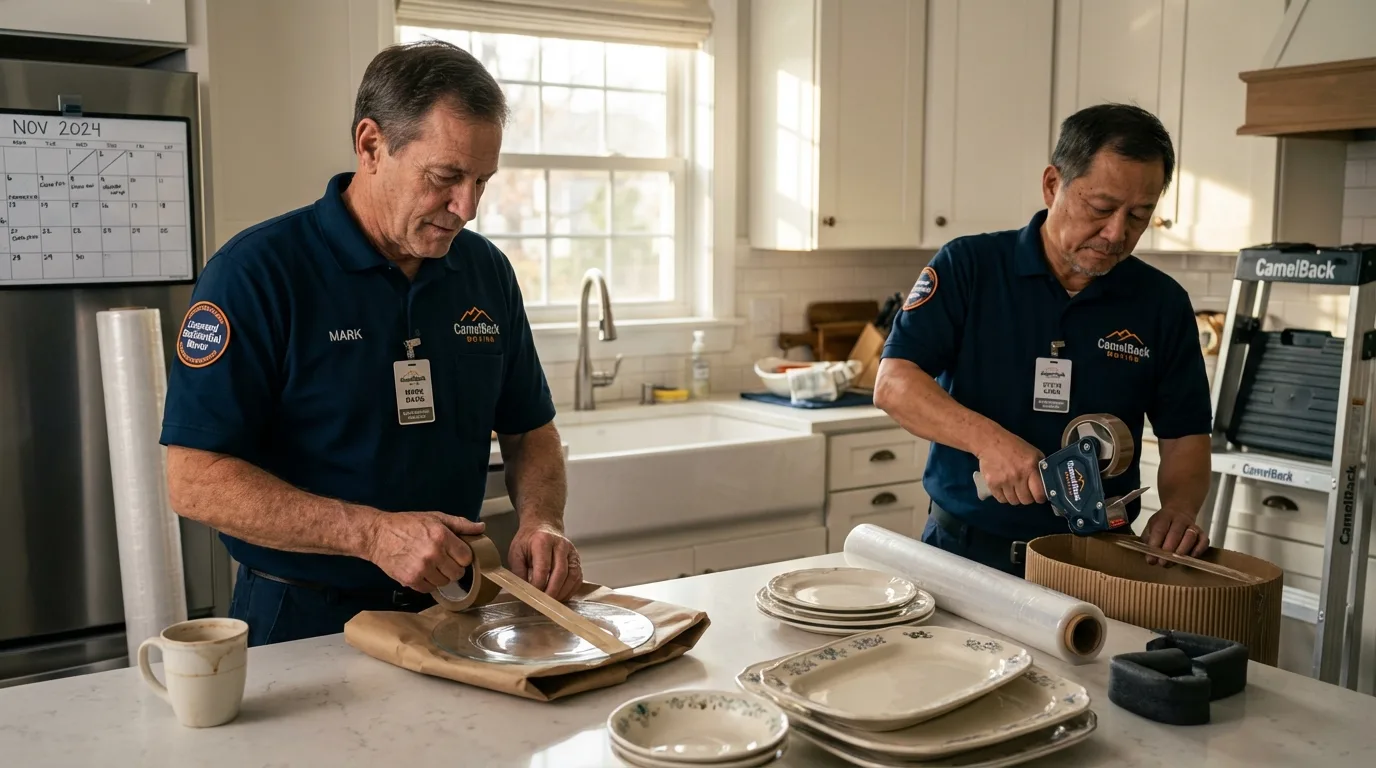 Professional crew packing kitchen dishware in Holtsville, NY