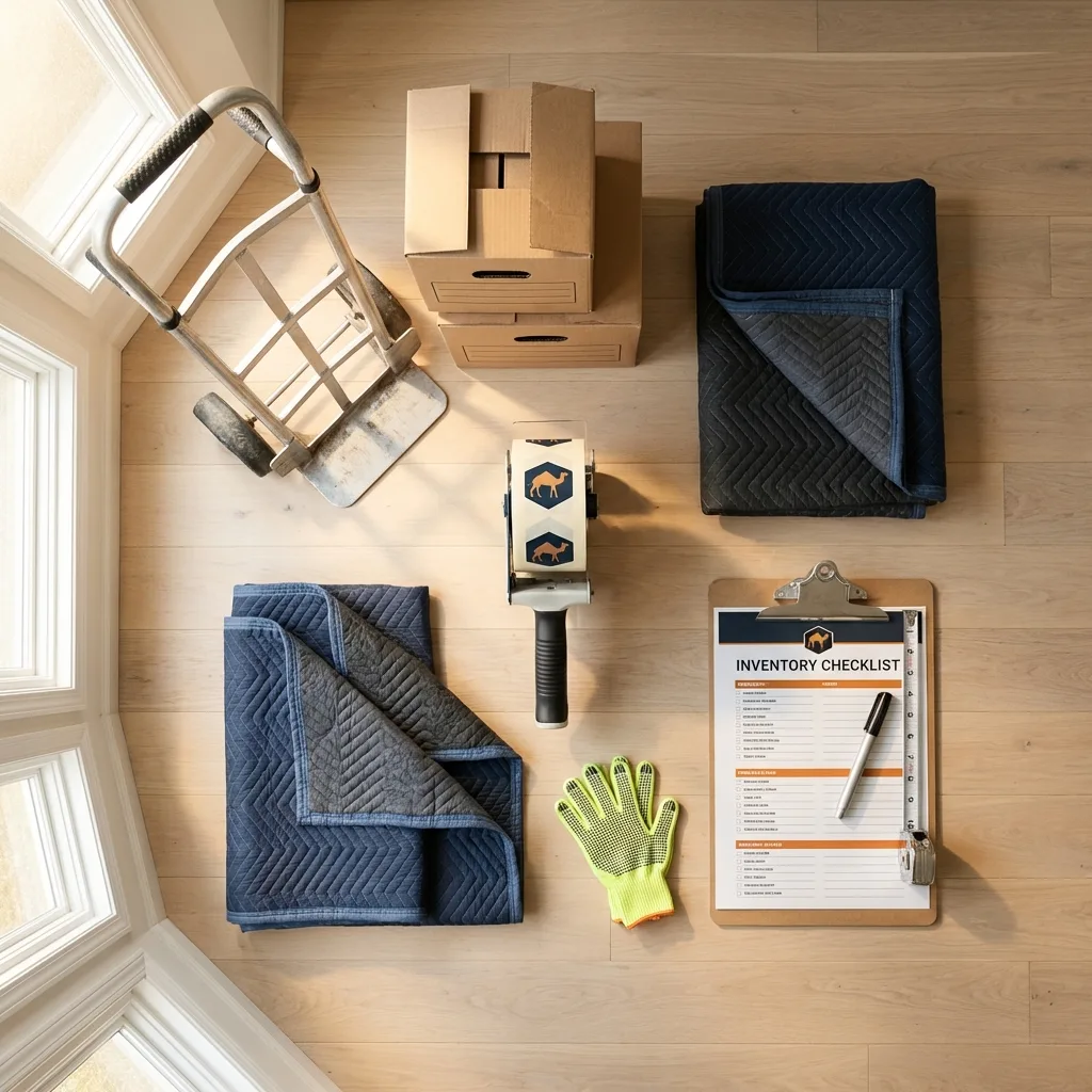 Professional moving supplies and packing materials layout for Holtsville residential relocations